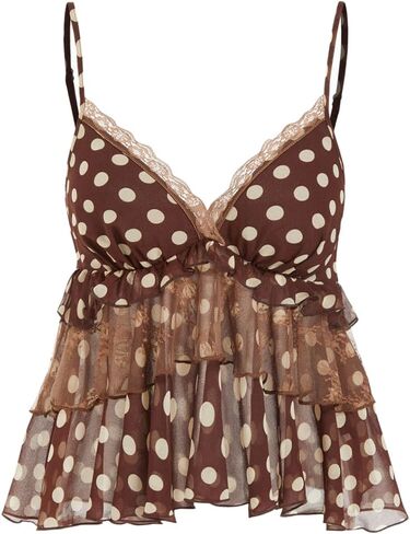 Women Sexy Deep V Neck Leopard Print Mesh Lace Trim Babydoll Cami Spaghetti Strap Backless Peplum Hem Tank Top in Saudi Arabia