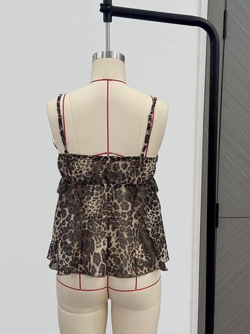 Women Sexy Deep V Neck Leopard Print Mesh Lace Trim Babydoll Cami Spaghetti Strap Backless Peplum Hem Tank Top in Saudi Arabia