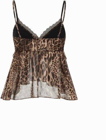 Women Sexy Deep V Neck Leopard Print Mesh Lace Trim Babydoll Cami Spaghetti Strap Backless Peplum Hem Tank Top in Saudi Arabia