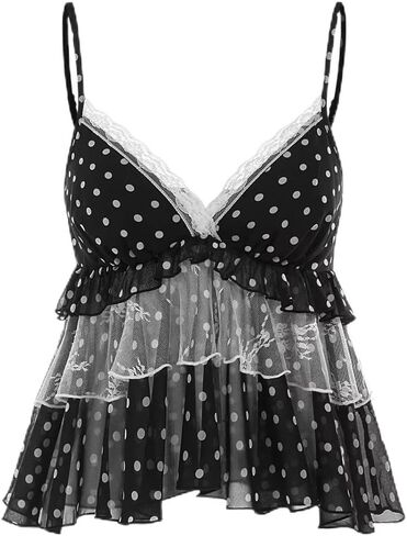 Women Sexy Deep V Neck Leopard Print Mesh Lace Trim Babydoll Cami Spaghetti Strap Backless Peplum Hem Tank Top in Saudi Arabia