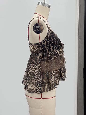 Women Sexy Deep V Neck Leopard Print Mesh Lace Trim Babydoll Cami Spaghetti Strap Backless Peplum Hem Tank Top in Saudi Arabia