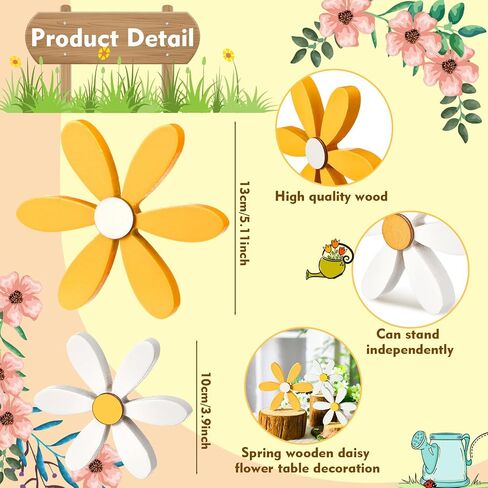 Yousoontic 3pcs الصيف ديزي ديكور الخشب الزهور الجدول الديكور مزرعة منضدية علامة 6 بتلات بوهو زهرة الدائمة الجدول المركزية لفصل الصيف الربيع المنزل المطبخ مكتب الطبقات صينية ديكور in Kuwait