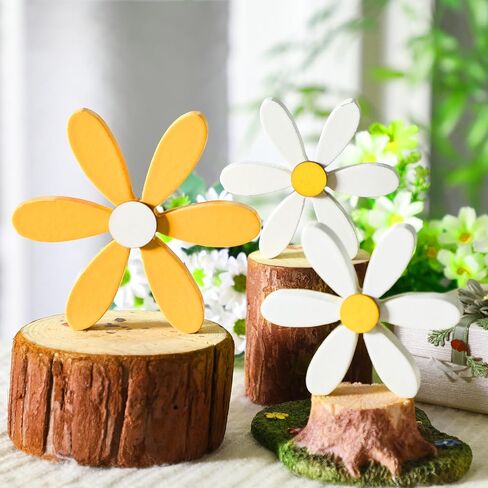 Yousoontic 3pcs الصيف ديزي ديكور الخشب الزهور الجدول الديكور مزرعة منضدية علامة 6 بتلات بوهو زهرة الدائمة الجدول المركزية لفصل الصيف الربيع المنزل المطبخ مكتب الطبقات صينية ديكور in Kuwait