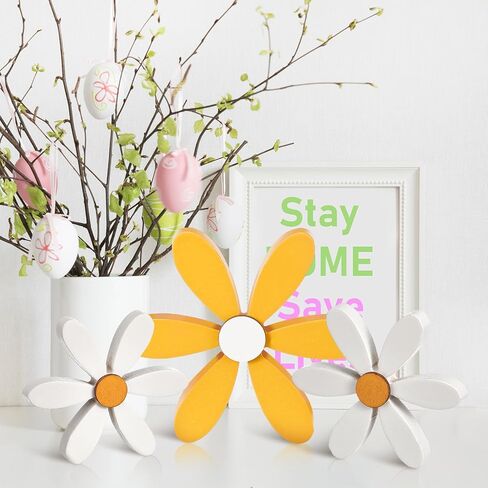 Yousoontic 3pcs الصيف ديزي ديكور الخشب الزهور الجدول الديكور مزرعة منضدية علامة 6 بتلات بوهو زهرة الدائمة الجدول المركزية لفصل الصيف الربيع المنزل المطبخ مكتب الطبقات صينية ديكور in Kuwait
