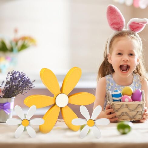Yousoontic 3pcs الصيف ديزي ديكور الخشب الزهور الجدول الديكور مزرعة منضدية علامة 6 بتلات بوهو زهرة الدائمة الجدول المركزية لفصل الصيف الربيع المنزل المطبخ مكتب الطبقات صينية ديكور in Kuwait