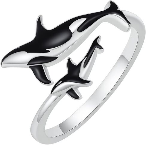SUPAC Stainless Steel Orca Whale Ring, Adjustable Size, Black and Silver - Shamu Gift in Saudi Arabia