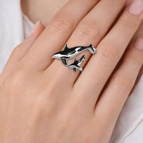 SUPAC Stainless Steel Orca Whale Ring, Adjustable Size, Black and Silver - Shamu Gift in Saudi Arabia