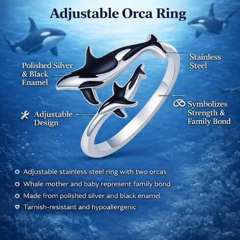 SUPAC Stainless Steel Orca Whale Ring, Adjustable Size, Black and Silver - Shamu Gift in Saudi Arabia