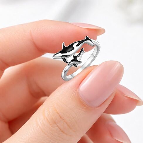 SUPAC Stainless Steel Orca Whale Ring, Adjustable Size, Black and Silver - Shamu Gift in Saudi Arabia