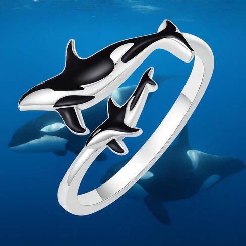 SUPAC Stainless Steel Orca Whale Ring, Adjustable Size, Black and Silver - Shamu Gift in Saudi Arabia