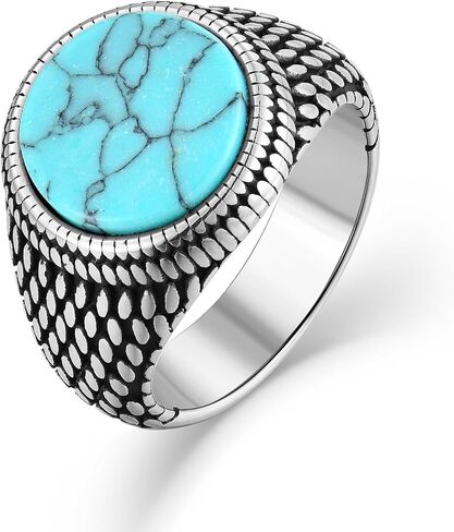 Rayamrd Black Onyx Turquoise Round Signet Rings for Men, Vintage Textured Stainless Steel Men's Ring, Size 7-12 in Kuwait