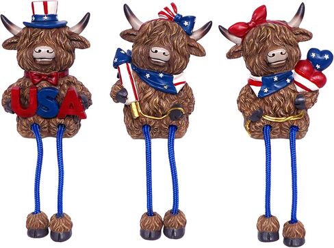 3pcs Patriotic Highland Cow Decor, Rustic Memorial Day Cow Figurines with USA,4th of July Cow Decorations for Shelf Desk, Independence Day Gift for 250th Anniversary, 6.3 Inch in Saudi Arabia