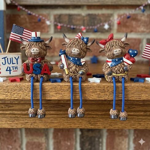 3pcs Patriotic Highland Cow Decor, Rustic Memorial Day Cow Figurines with USA,4th of July Cow Decorations for Shelf Desk, Independence Day Gift for 250th Anniversary, 6.3 Inch in Saudi Arabia