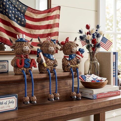 3pcs Patriotic Highland Cow Decor, Rustic Memorial Day Cow Figurines with USA,4th of July Cow Decorations for Shelf Desk, Independence Day Gift for 250th Anniversary, 6.3 Inch in Saudi Arabia