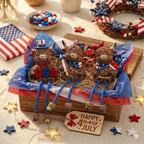 3pcs Patriotic Highland Cow Decor, Rustic Memorial Day Cow Figurines with USA,4th of July Cow Decorations for Shelf Desk, Independence Day Gift for 250th Anniversary, 6.3 Inch in Saudi Arabia