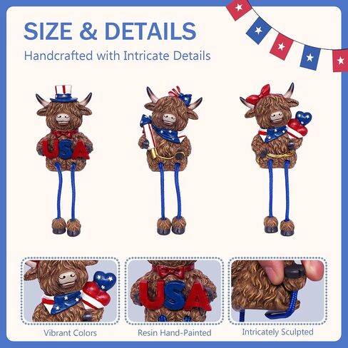 3pcs Patriotic Highland Cow Decor, Rustic Memorial Day Cow Figurines with USA,4th of July Cow Decorations for Shelf Desk, Independence Day Gift for 250th Anniversary, 6.3 Inch in Saudi Arabia