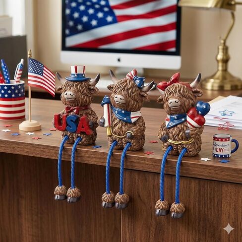 3pcs Patriotic Highland Cow Decor, Rustic Memorial Day Cow Figurines with USA,4th of July Cow Decorations for Shelf Desk, Independence Day Gift for 250th Anniversary, 6.3 Inch in Saudi Arabia
