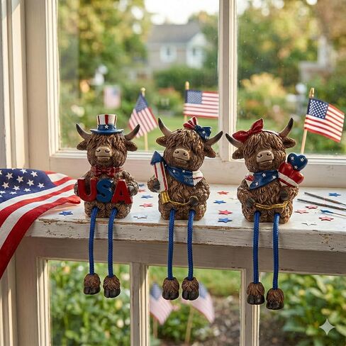 3pcs Patriotic Highland Cow Decor, Rustic Memorial Day Cow Figurines with USA,4th of July Cow Decorations for Shelf Desk, Independence Day Gift for 250th Anniversary, 6.3 Inch in Saudi Arabia
