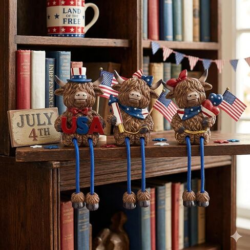 3pcs Patriotic Highland Cow Decor, Rustic Memorial Day Cow Figurines with USA,4th of July Cow Decorations for Shelf Desk, Independence Day Gift for 250th Anniversary, 6.3 Inch in Saudi Arabia