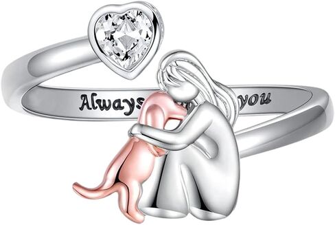 Girl with Dog Heart Rings Adjustable Fit Electroplated Craftsmanship for Gift Giving and Personalize Accessories Customizable Heart Shaped Girl-Dog Rings in Saudi Arabia