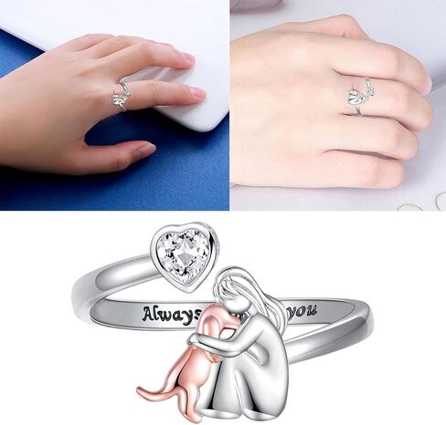 Girl with Dog Heart Rings Adjustable Fit Electroplated Craftsmanship for Gift Giving and Personalize Accessories Customizable Heart Shaped Girl-Dog Rings in Saudi Arabia