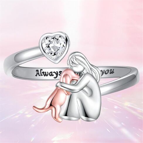 Girl with Dog Heart Rings Adjustable Fit Electroplated Craftsmanship for Gift Giving and Personalize Accessories Customizable Heart Shaped Girl-Dog Rings in Saudi Arabia