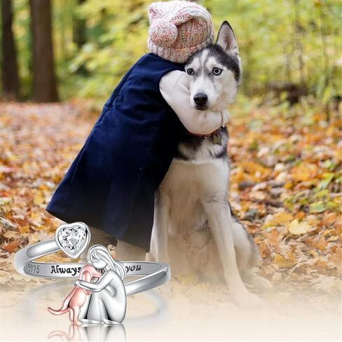 Girl with Dog Heart Rings Adjustable Fit Electroplated Craftsmanship for Gift Giving and Personalize Accessories Customizable Heart Shaped Girl-Dog Rings in Saudi Arabia