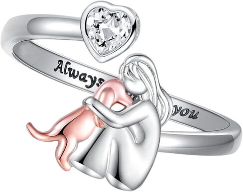 Girl with Dog Heart Rings Adjustable Fit Electroplated Craftsmanship for Gift Giving and Personalize Accessories Customizable Heart Shaped Girl-Dog Rings in Saudi Arabia