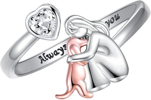 Girl with Dog Heart Rings Adjustable Fit Electroplated Craftsmanship for Gift Giving and Personalize Accessories Customizable Heart Shaped Girl-Dog Rings in Saudi Arabia