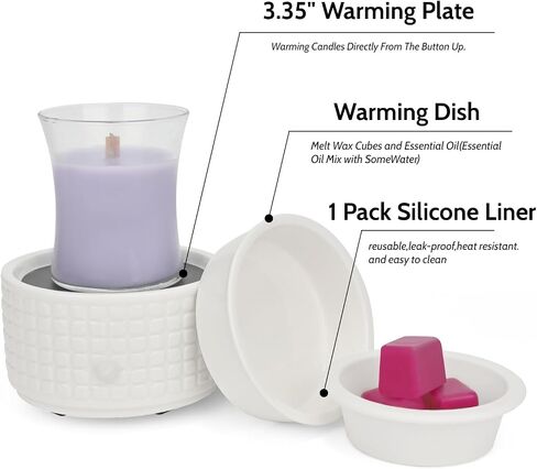 Ceramic Candle Warmer and Wax Melt Warmer with 1 PC Silicone Liner,4-in-1 Electric Warmer for Jar Candle Wax Cube Essential Oil Coffee, Ideal Gift for Home Office Kitchen（Waffle） in Saudi Arabia