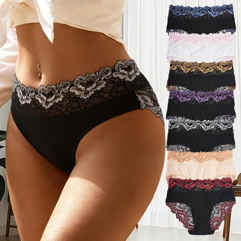7 Pack Womens Cotton Underwear Mid Rise Briefs with Floral Contrast Lace Sexy Panty Set in Kuwait