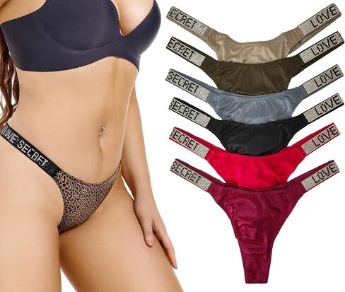 Sexy Thongs for Women,Lingerie with Low Rise and Rhinestones String,G String Stretch Panties Underwear 6 Packs in Kuwait