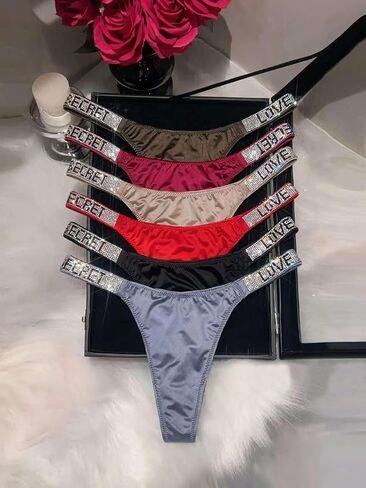 Sexy Thongs for Women,Lingerie with Low Rise and Rhinestones String,G String Stretch Panties Underwear 6 Packs in Kuwait