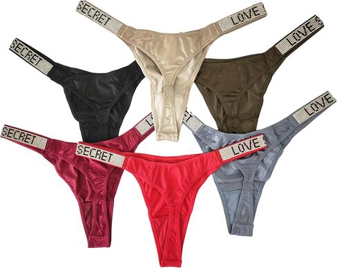 Sexy Thongs for Women,Lingerie with Low Rise and Rhinestones String,G String Stretch Panties Underwear 6 Packs in Kuwait