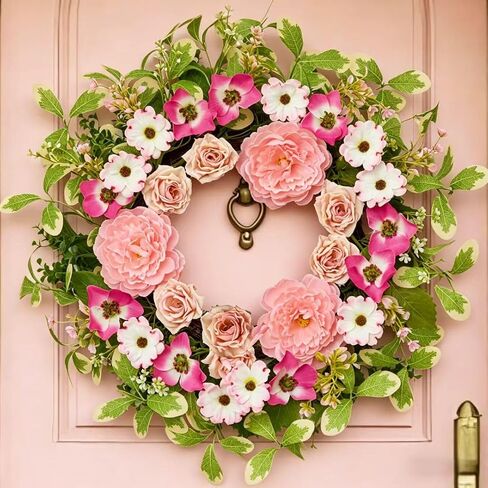24 Inch Artificial Peony & Rose Wreath for Front Door | Handmade Summer Door Decor, All-Season for Porch, Garden & Window in Saudi Arabia