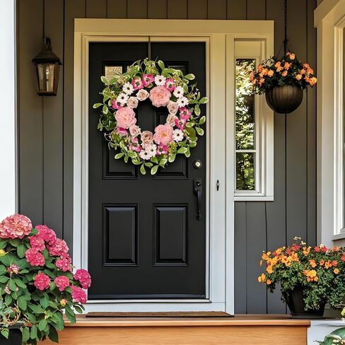 24 Inch Artificial Peony & Rose Wreath for Front Door | Handmade Summer Door Decor, All-Season for Porch, Garden & Window in Saudi Arabia