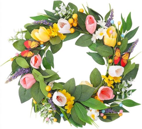 Spring Summer Wreath Tulip Daisy for Front Door Decor Farmhouse Floral Eucalyptus Leaves Butterfly Wedding Indoor Outdoor All Seasons Wreaths Decorations in Saudi Arabia