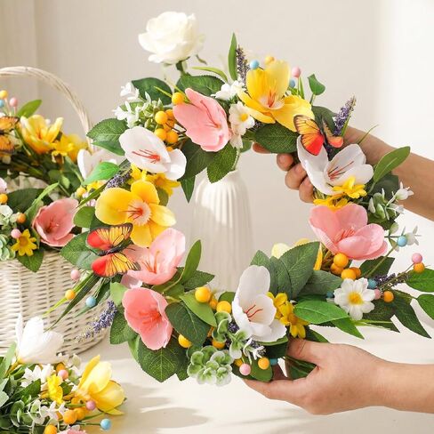 Spring Summer Wreath Tulip Daisy for Front Door Decor Farmhouse Floral Eucalyptus Leaves Butterfly Wedding Indoor Outdoor All Seasons Wreaths Decorations in Saudi Arabia