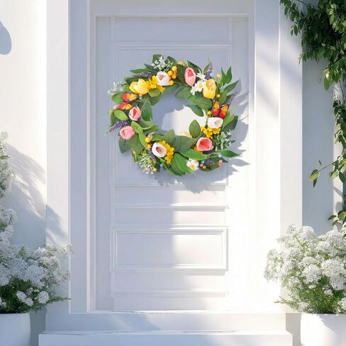 Spring Summer Wreath Tulip Daisy for Front Door Decor Farmhouse Floral Eucalyptus Leaves Butterfly Wedding Indoor Outdoor All Seasons Wreaths Decorations in Saudi Arabia