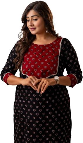Women’s Black Floral Printed Straight Kurti | Ethnic Pure Cotton Kurta for Casual, Office & Festive Wear in Saudi Arabia