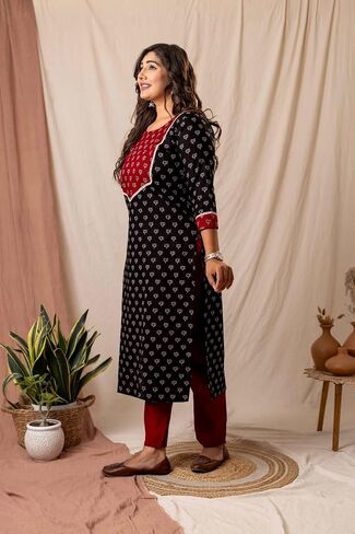 Women’s Black Floral Printed Straight Kurti | Ethnic Pure Cotton Kurta for Casual, Office & Festive Wear in Saudi Arabia