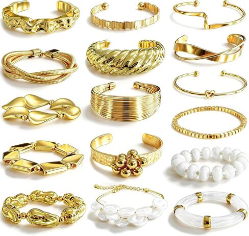 16 Pcs Gold Bangle Bracelet for Women Stackable Twisted Beaded Pearl Irregular Vintage Boho Cuff Bracelets Adjustable Chunky Bracelet Set in Saudi Arabia
