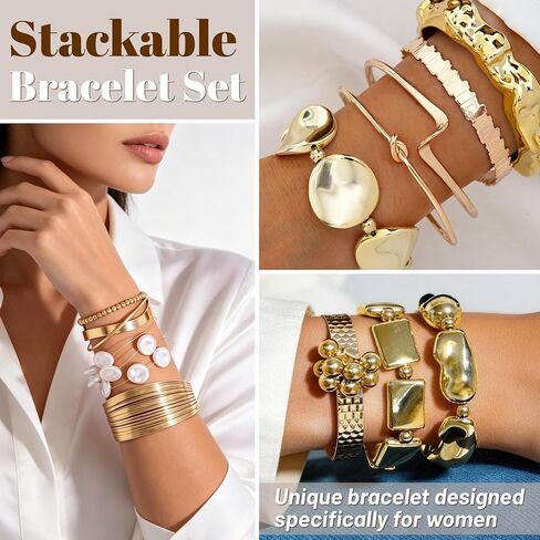 16 Pcs Gold Bangle Bracelet for Women Stackable Twisted Beaded Pearl Irregular Vintage Boho Cuff Bracelets Adjustable Chunky Bracelet Set in Saudi Arabia
