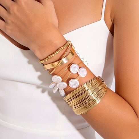 16 Pcs Gold Bangle Bracelet for Women Stackable Twisted Beaded Pearl Irregular Vintage Boho Cuff Bracelets Adjustable Chunky Bracelet Set in Saudi Arabia