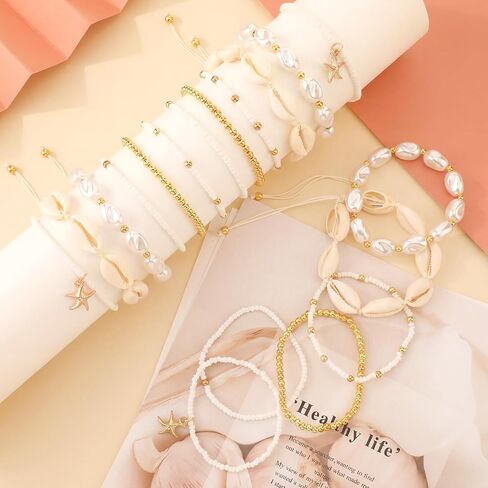 36 Pcs Summer Beach Bracelets for Women Stackable Boho Shell Seashell Bracelet Starfish Beaded Surfer Stretch Bracelets Handmade Boho Beach Jewelry for Vacation Hawaiian Luau Party Favor Gifts in Saudi Arabia