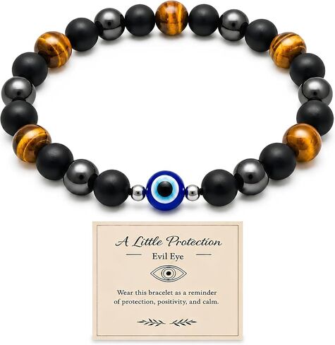 Evil Eye Bracelet for Men Women, Triple Protection Beaded Bracelet with Matte Black Beads, Tiger Eye & Hematite Stone Stretch Bracelet, Symbolic Jewelry Gift for Men Women in Saudi Arabia