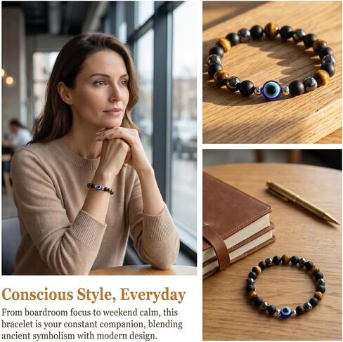 Evil Eye Bracelet for Men Women, Triple Protection Beaded Bracelet with Matte Black Beads, Tiger Eye & Hematite Stone Stretch Bracelet, Symbolic Jewelry Gift for Men Women in Saudi Arabia