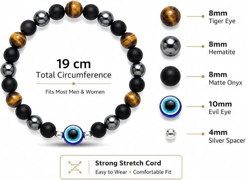 Evil Eye Bracelet for Men Women, Triple Protection Beaded Bracelet with Matte Black Beads, Tiger Eye & Hematite Stone Stretch Bracelet, Symbolic Jewelry Gift for Men Women in Saudi Arabia