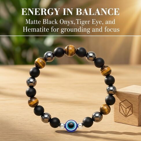 Evil Eye Bracelet for Men Women, Triple Protection Beaded Bracelet with Matte Black Beads, Tiger Eye & Hematite Stone Stretch Bracelet, Symbolic Jewelry Gift for Men Women in Saudi Arabia