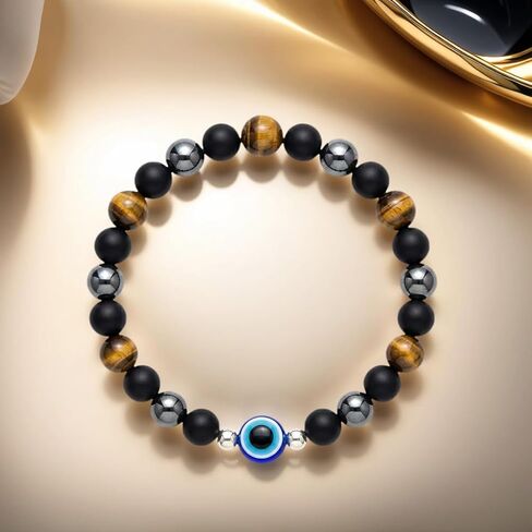 Evil Eye Bracelet for Men Women, Triple Protection Beaded Bracelet with Matte Black Beads, Tiger Eye & Hematite Stone Stretch Bracelet, Symbolic Jewelry Gift for Men Women in Saudi Arabia